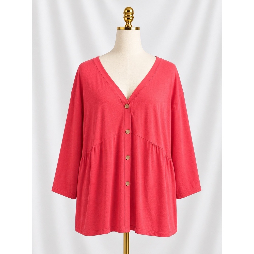 Susan Graver Lifestyle Spa Knit‎ 3/4 Sleeve Button Front 3X Coral Pink A575904